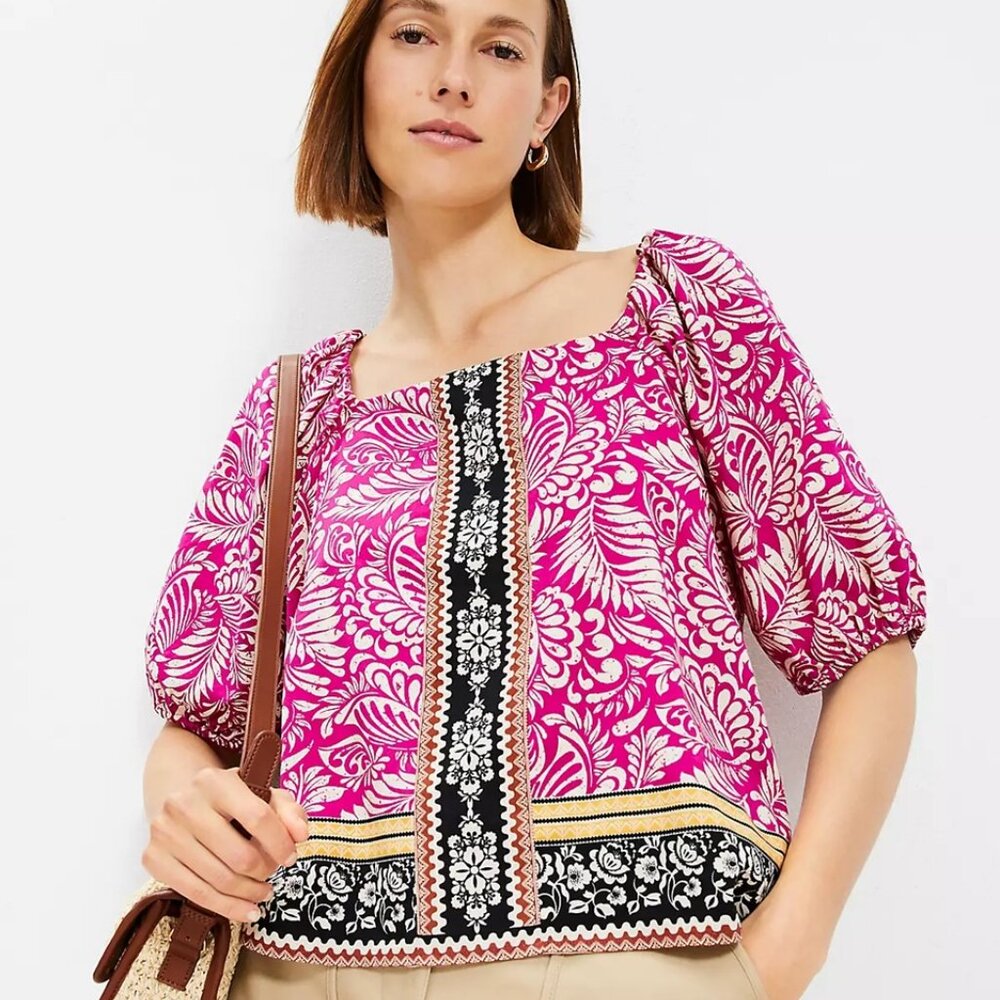 Loft Top Blouse Pink Tribal Print Shirt Size Petites XXSP